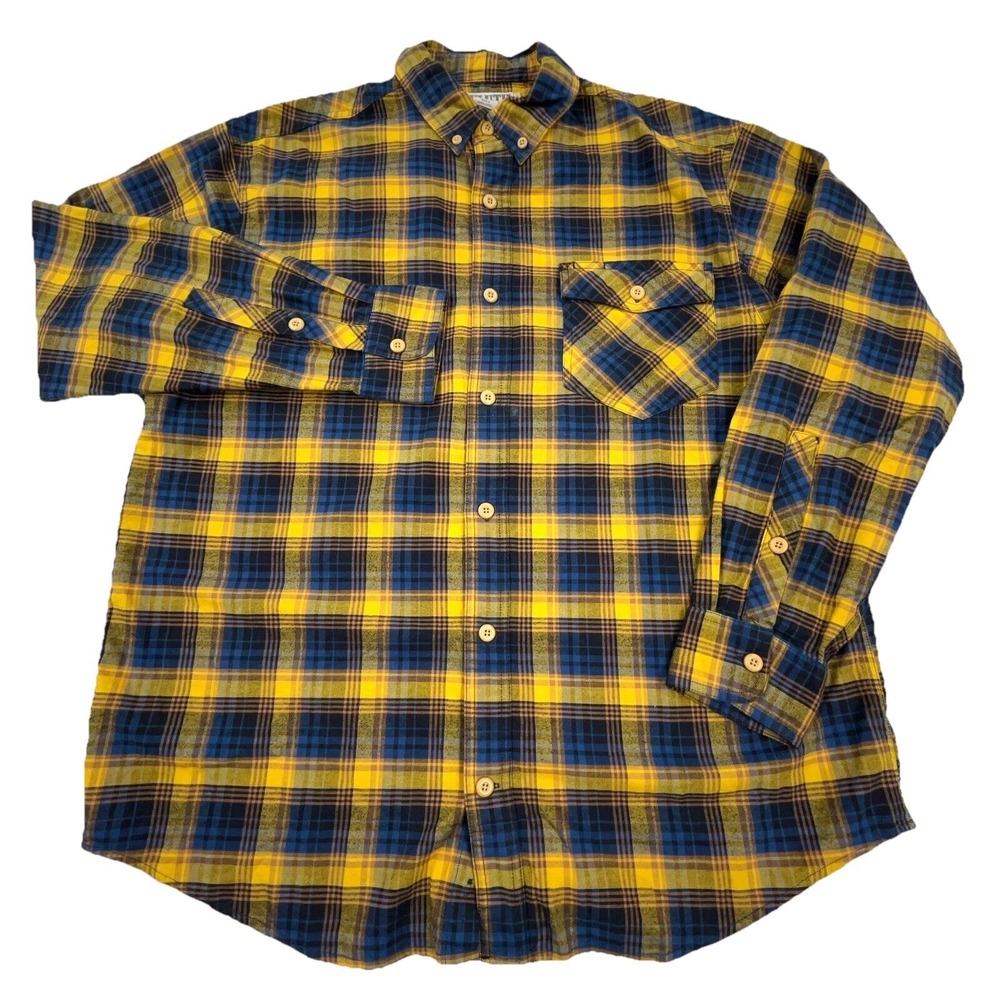 Duluth Trading Flannel Shirt Men Large Yellow Plaid Button Up Relaxed Fit Camp X